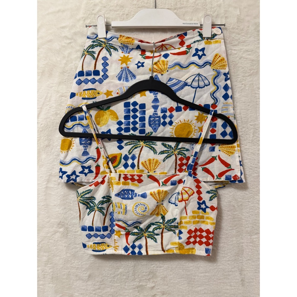 Midnight Sky Tropical Beach Print 2 Piece Set Skirt and Crop Top Small White